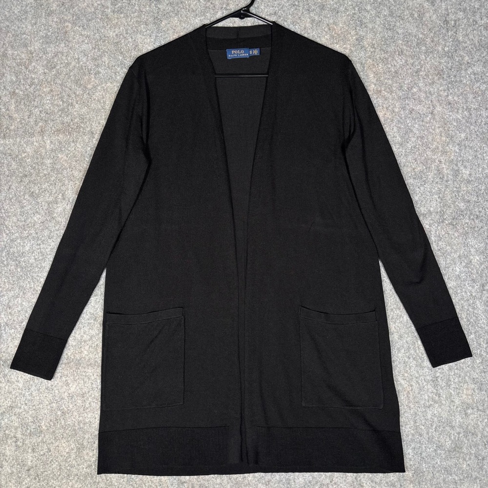 Polo Ralph Lauren Cardigan Womens XS Black Open Front Longline Pocket Sweater